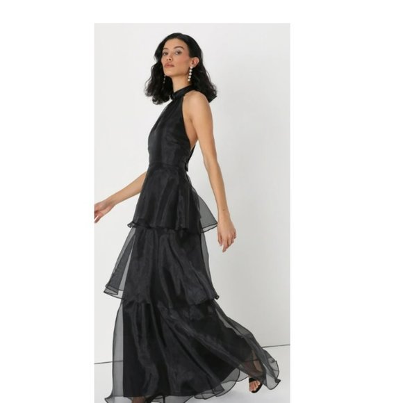 Lulu's Black Tiered Organza Halter Maxi Dress Sz L - Picture 3 of 17